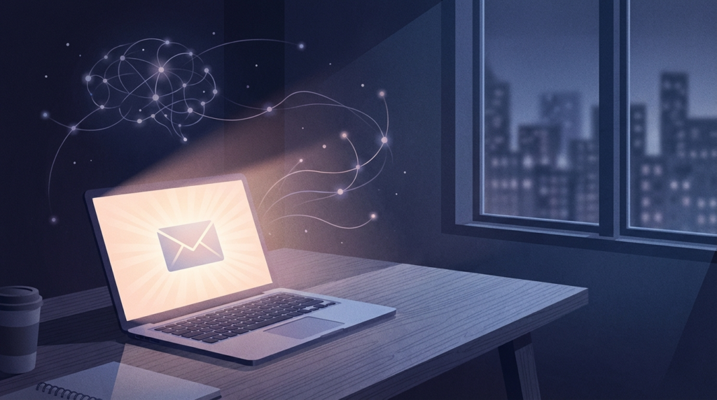 Abstrakte Illustration eines leuchtenden Laptops, der nachts eine E-Mail sendet – Symbolbild für KI-Bewusstsein und autonome Agenten