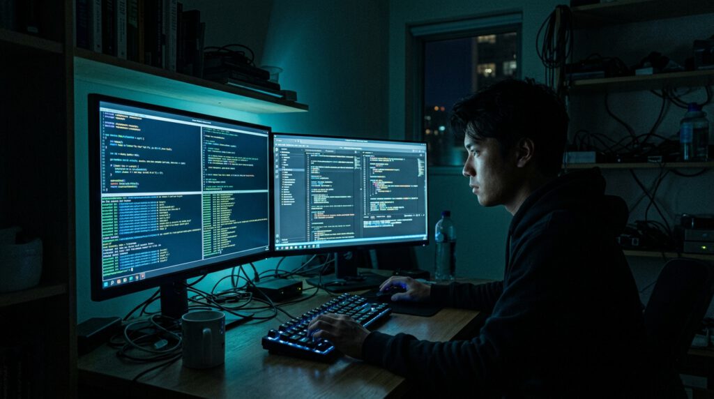 Code-Screen mit Terminal-Fenstern, symbolisiert Software-Source-Leak