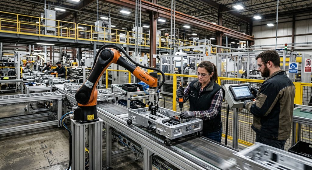 Roboterarm in einer modernen Fabrikhalle mit menschlichen Mitarbeitern, physische KI in der Industrie