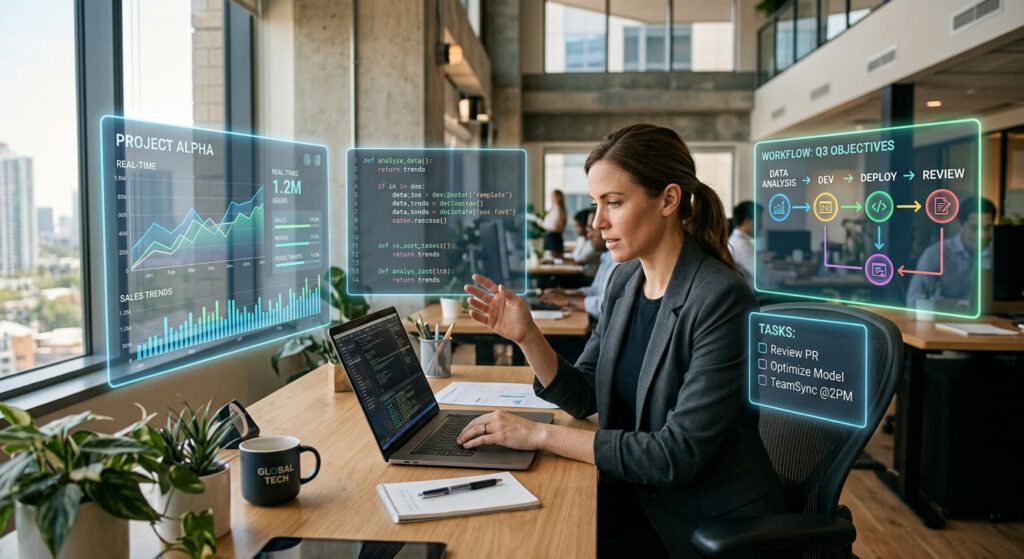 AI agents und Menschen arbeiten gemeinsam in einem modernen Büro