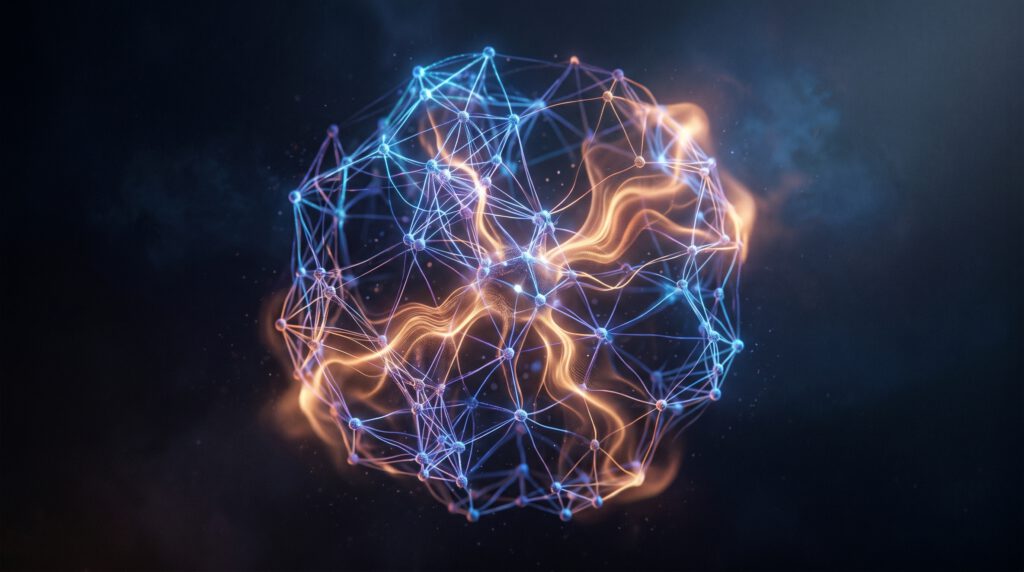 Abstrakte Visualisierung eines neuronalen Netzwerks mit organischen Lichtmustern als Metapher für KI-Bewusstsein Forschung