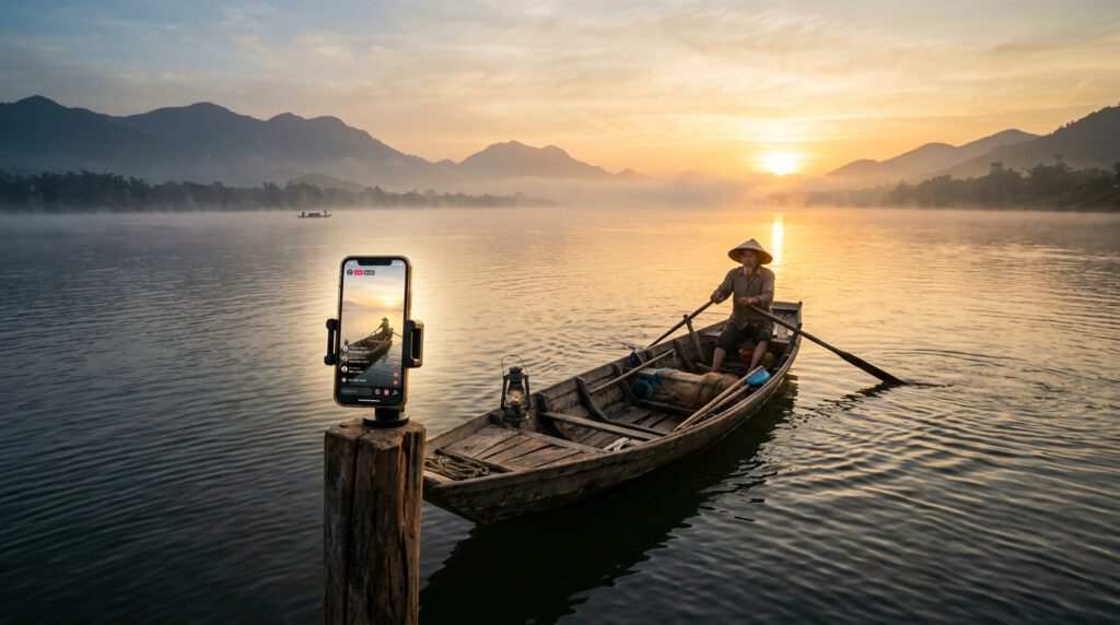 KI-Zeitalter: Traditionelles Boot auf dem Fluss mit Smartphone-Livestream