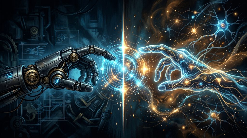 Editorial Illustration: Mechanische vs. organische KI-Hand mit digitalem Kern - Symbolbild für die Bewusstseinsdebatte zwischen Microsoft und Anthropic