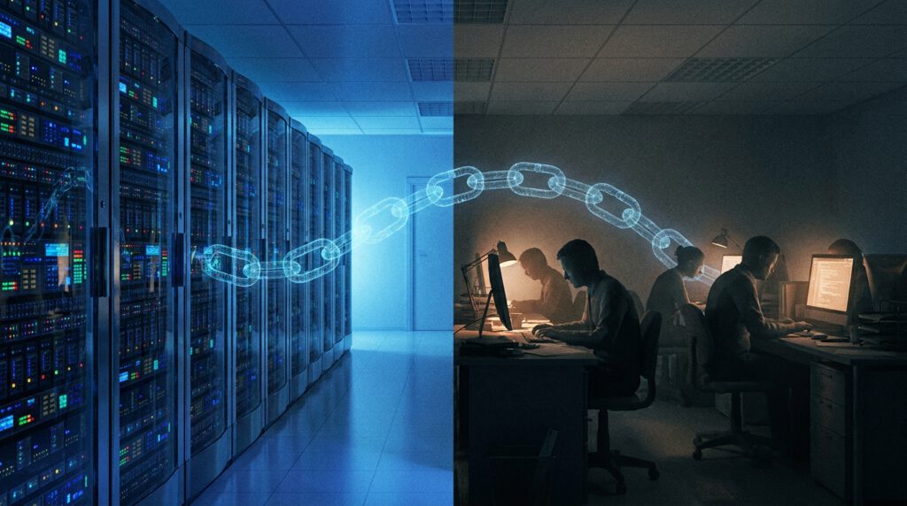 Ghost Work: Versteckte Arbeiter hinter KI-Systemen wie ChatGPT – investigative Illustration
