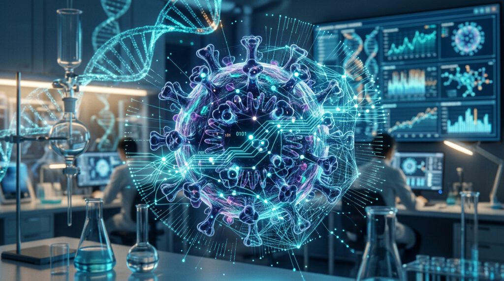 KI und Impfstoffentwicklung: 3D-Visualisierung eines Virus-Moleküls mit neuronalen Netzwerkverbindungen