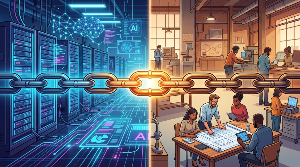 Illustration des Weak-Link-Konzepts: Kette verbindet KI-Rechenzentrum mit menschlicher Arbeitswelt