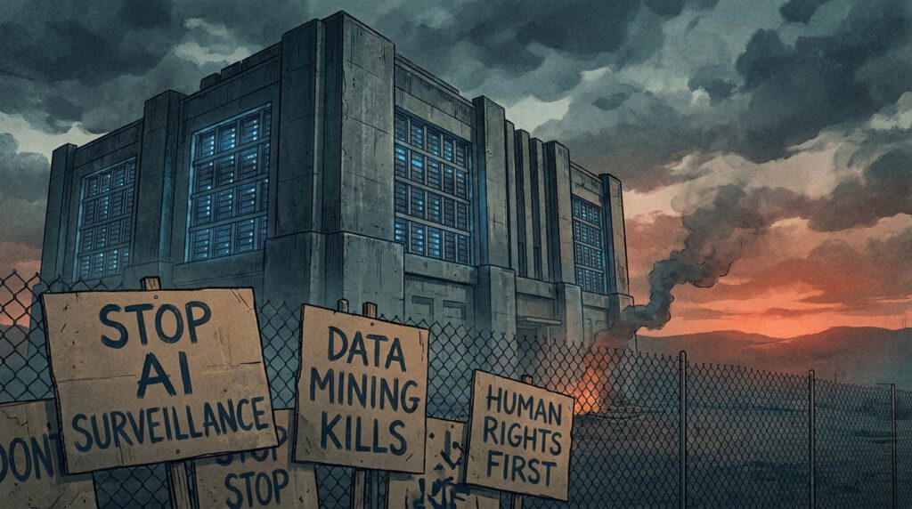 Industrielles Rechenzentrum bei Sonnenuntergang mit Protest-Silhouette — symbolisiert den wachsenden Widerstand gegen KI-Infrastruktur