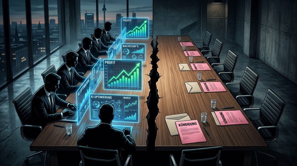 Illustration: Boardroom mit CEOs auf der einen und leeren Stühlen mit Kündigungsschreiben auf der anderen Seite