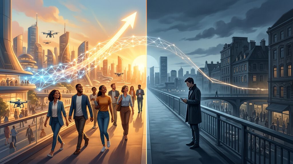 KI-Optimismus in China vs. USA – konzeptionelle Split-Illustration zweier Gesellschaften