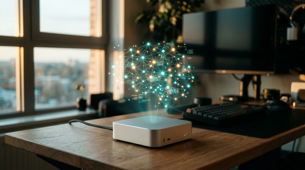 M6 Mac mini als lokale KI-Maschine: Mini-Desktop mit neuronalem Netzwerk-Overlay auf dem Schreibtisch