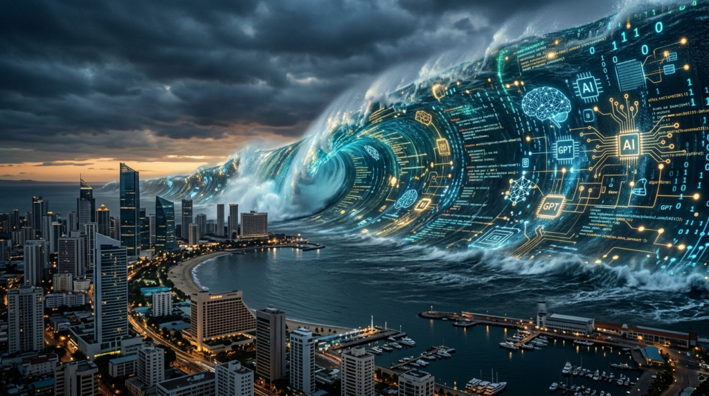 KI Welle überrollt Küstenstadt - Steigende Flut der künstlichen Intelligenz