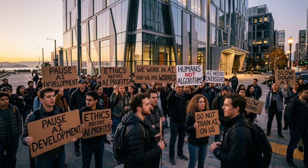 AI tech workers protesting in front of a modern tech company building in San Francisco